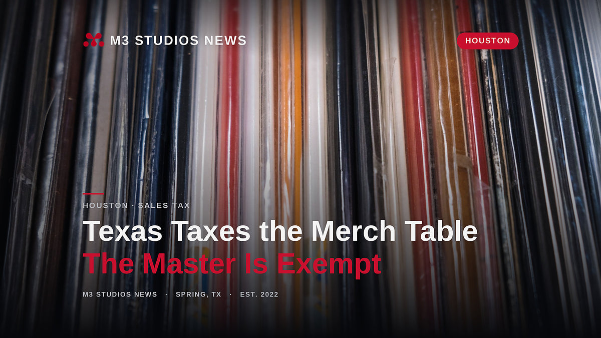 Record spines in a store bin, M3 Studios News cover on Texas sales tax at the merch table