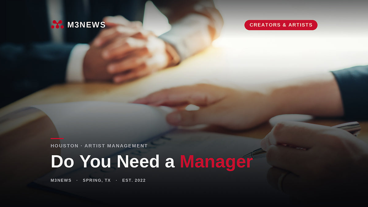 Manager and artist review a management contract at a desk, Houston artist management commission and terms