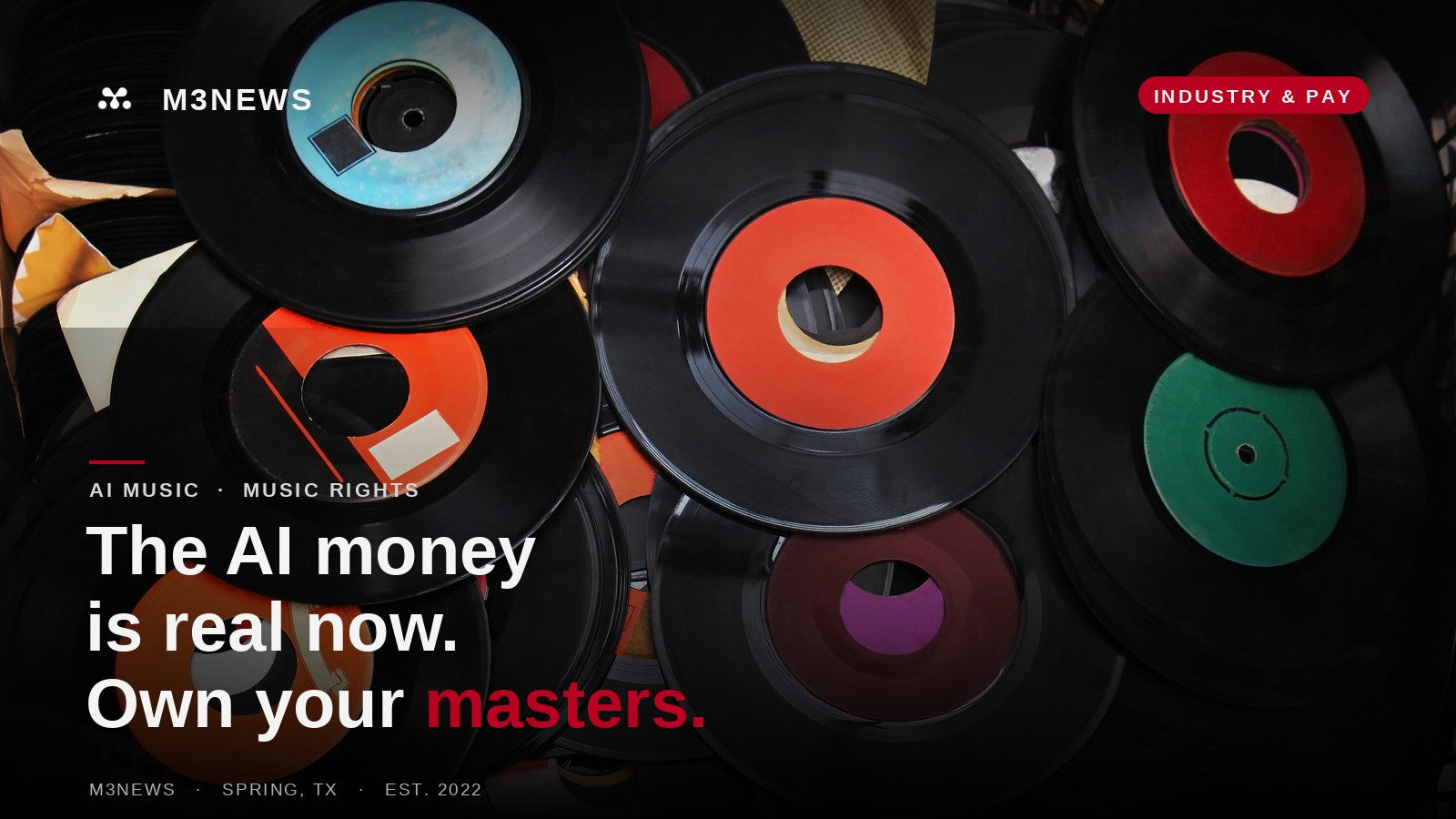 Stacks of colorful vinyl records standing in for owned master recordings, for an M3 Studios Houston music rights feature.