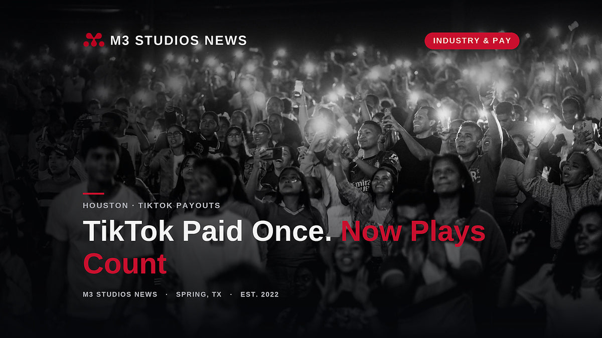 A packed night crowd holding up glowing phones at a live show, illustrating TikTok's reported shift to per-play music payouts, reported by M3 Studios News in Spring, TX.