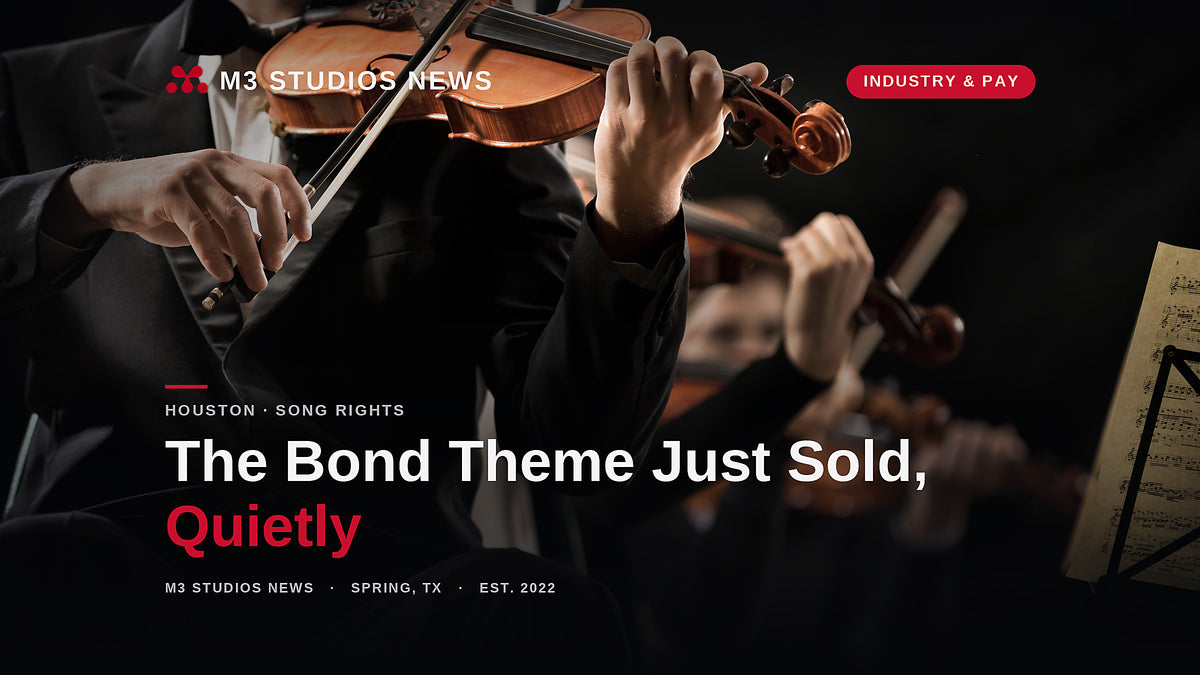 Violinists in formal dress performing in a dark concert hall with sheet music, illustrating the Sony Music Publishing acquisition of the James Bond theme composer's company and what one owned song can be worth.