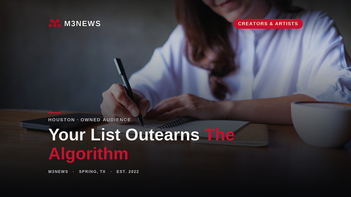 Hand writing in a notebook beside coffee and phone, email list building for musicians, M3News