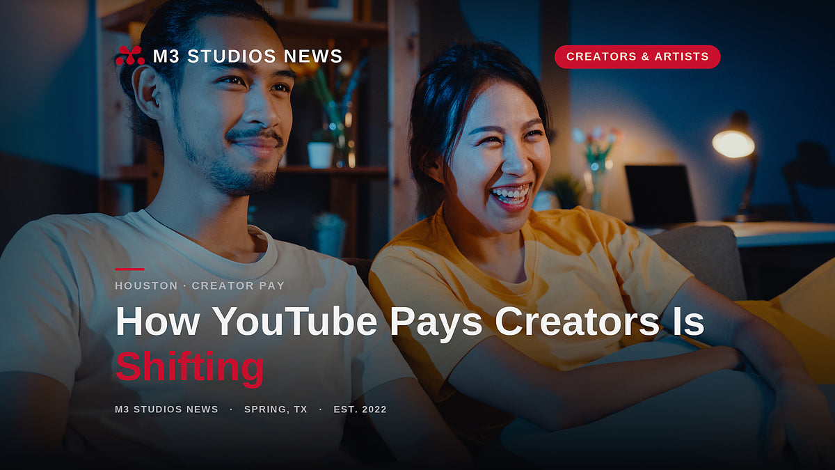 Couple relaxing on a sofa watching television at night in a warm living room, illustrating how YouTube pays creators in 2026 as subscription viewing grows faster than advertising.