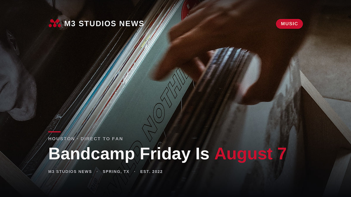 A hand flips through a crate of vinyl records at a shop, illustrating Bandcamp Friday on August 7, 2026, when the platform waives its revenue share on every sale, reported by M3 Studios News in Spring, TX.