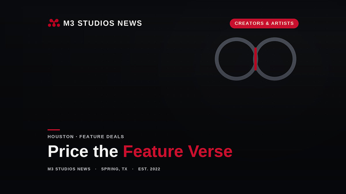 M3 Studios News cover graphic in black with two linked red-seamed rings, for a 2026 guide to pricing a feature verse, the fee, the publishing split, and the paperwork, for Houston artists.