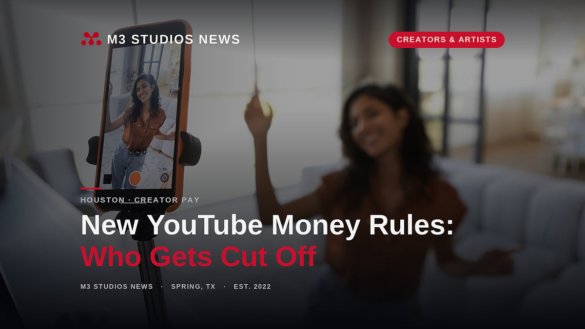 Content creator recording a video on a phone mounted on a tripod in a bright living room, illustrating YouTube's 2026 demonetization rules for inauthentic content and what creators keep getting paid for.
