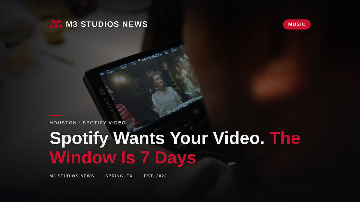 A filmmaker reviews a scene on a camera monitor during a shoot, illustrating Spotify's new music video pitching and chart for artists, reported by M3 Studios News in Spring, TX.