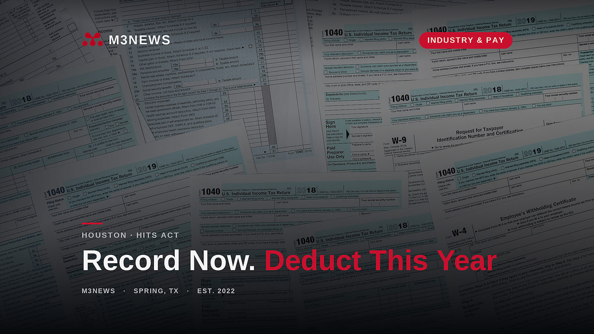 Federal income tax forms spread across a desk, illustrating the HITS Act deduction for recording costs for Houston artists in 2026
