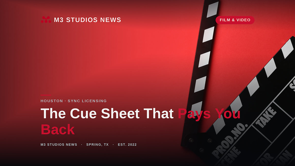 M3 Studios News: the music cue sheet that unlocks TV and film performance royalties, from a recording studio in Spring, TX near Houston.