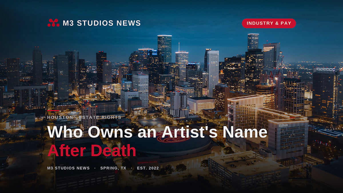 Downtown Houston skyline at night, M3 Studios News cover on the Texas right of publicity after death
