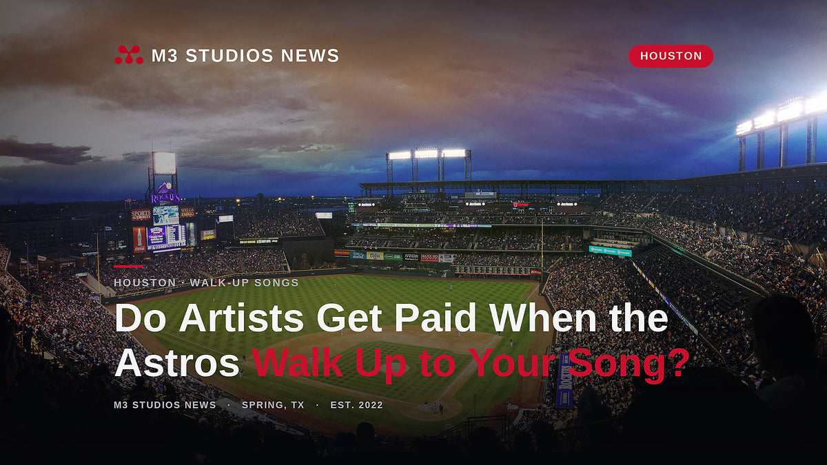 Baseball stadium at dusk from the upper deck with the crowd and lights on, M3 Studios News cover on whether artists get paid when the Astros walk up to their song