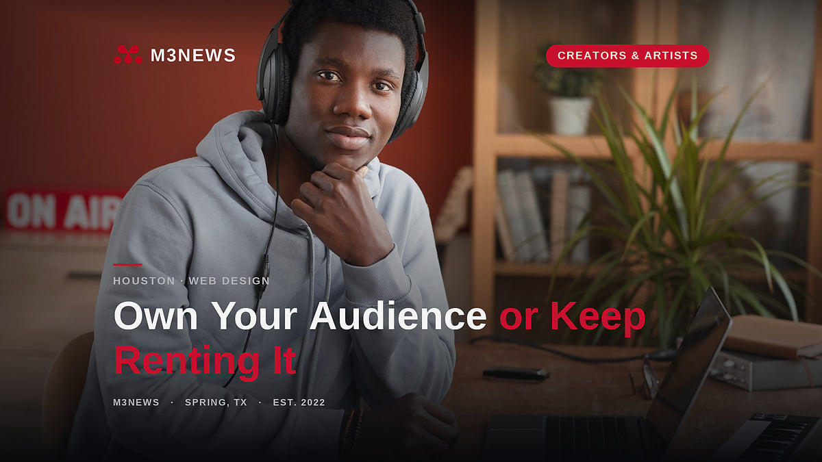 A young musician with headphones working on a laptop at home, illustrating why musicians need a website they own in 2026