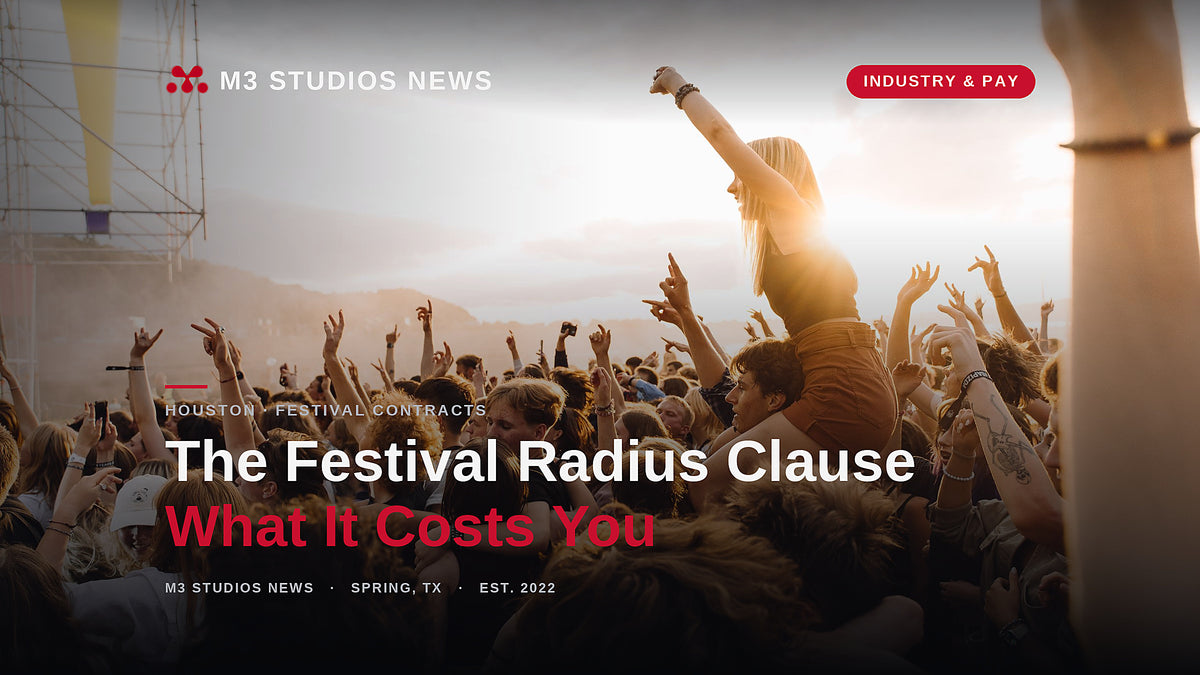 Festival crowd at sunset with raised hands, M3 Studios News cover on festival radius clauses for Houston artists