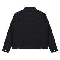 M3 Studios black denim jacket, second view, M3 Studios 2026 streetwear collection, Houston streetwear from a creative studio near Cypress. From M3 Studios, recording and creative studio in Spring TX serving Houston, Klein, Tomball, and Champions. Shop online at metamusicmedia.com. M3 Studios, a brand of Meta Music Media Inc.