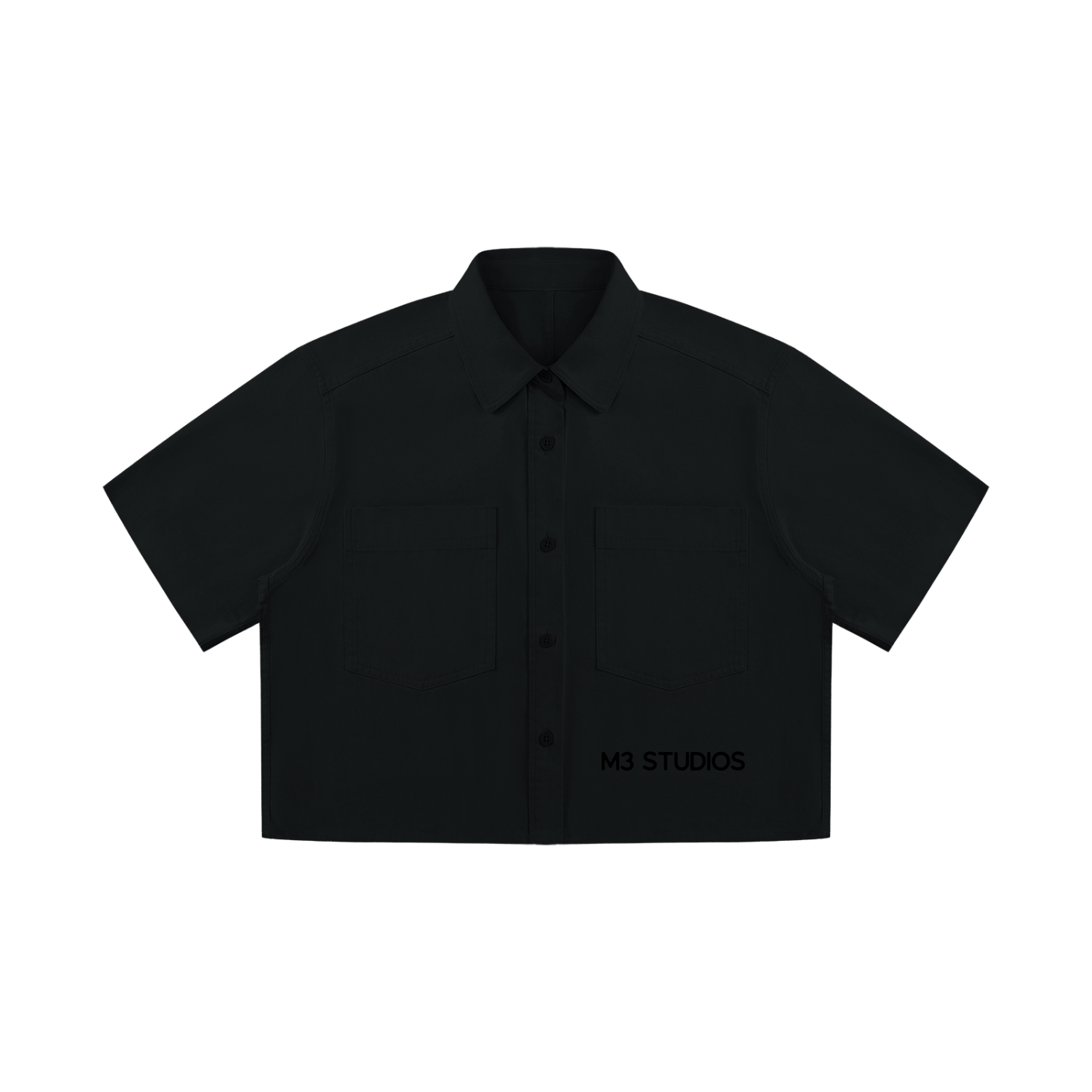 Women's Crop Button Up Shirt, cropped button up shirt, M3 Studios Houston streetwear. Part of the M3 Studios 2026 streetwear collection, Houston streetwear. From M3 Studios, recording and creative studio in Spring TX serving Houston, Cypress, Champions, and Conroe. Shop online at metamusicmedia.com. M3 Studios, a brand of Meta Music Media Inc.
