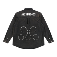 Vintage-washed denim button jacket, second view, M3 Studios 2026 streetwear collection, Houston. From a recording and creative studio in Spring TX. Serving Houston, Klein, Tomball, and Cypress from the Spring TX studio. Shop online at metamusicmedia.com. M3 Studios, a brand of Meta Music Media Inc.
