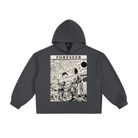 FORESEER graphic drawstring hem hoodie, third view, from the M3 Studios 2026 streetwear collection, Houston. Made by Meta Music Media Inc in Spring TX. From M3 Studios, recording and creative studio in Spring TX serving Houston, Aldine, The Woodlands, and Klein. Shop online at metamusicmedia.com.