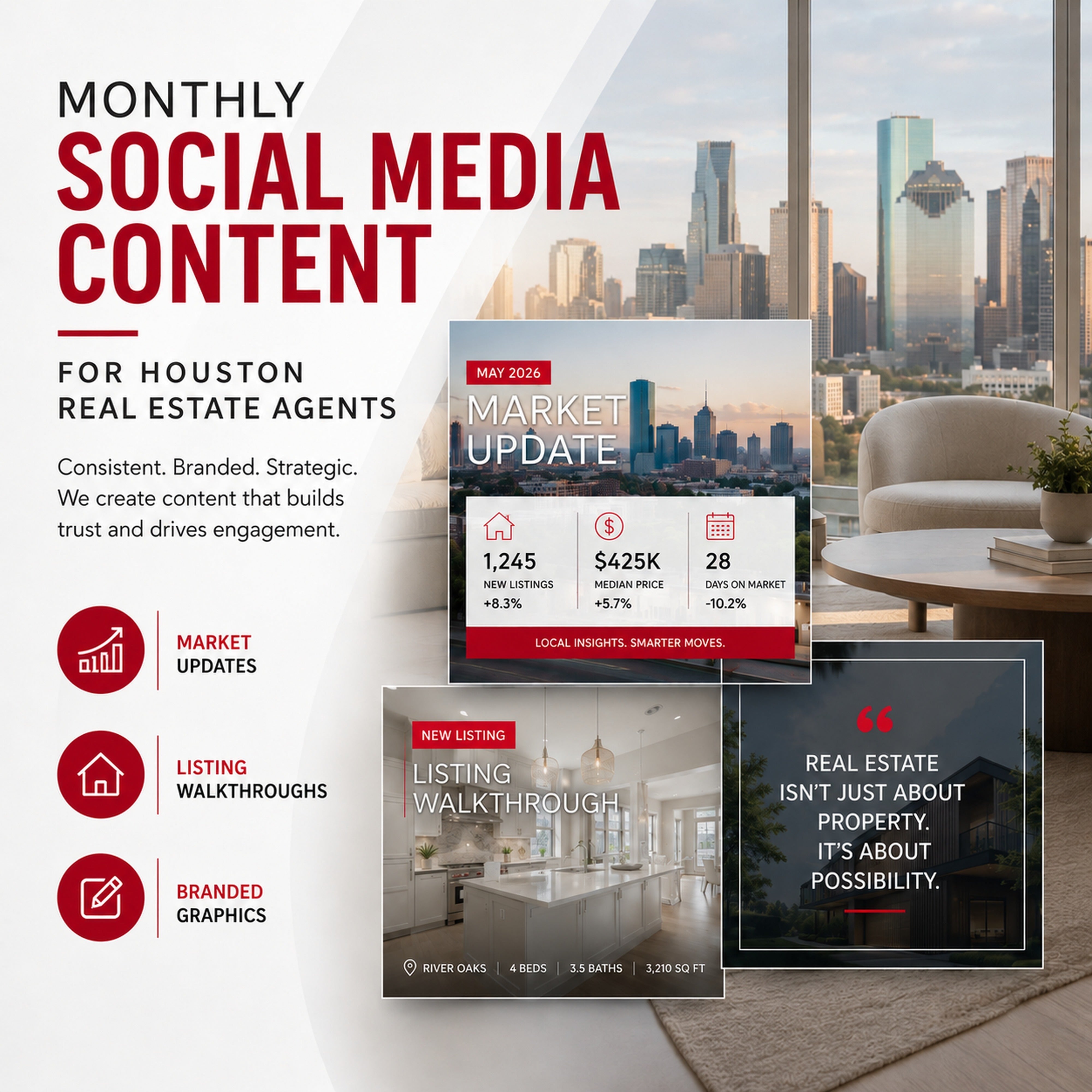 Real estate agent personal brand content panel from M3 Studios, video production and web design studio in Spring TX serving Houston agents. Professional Houston creative studio offering web design, brand identity, visual production, motion graphics, video editing, and photography. Serving Jersey Village, Magnolia, Aldine, The Woodlands. Book online at metamusicmedia.com. M3 Studios, a brand of Meta Music Media Inc.