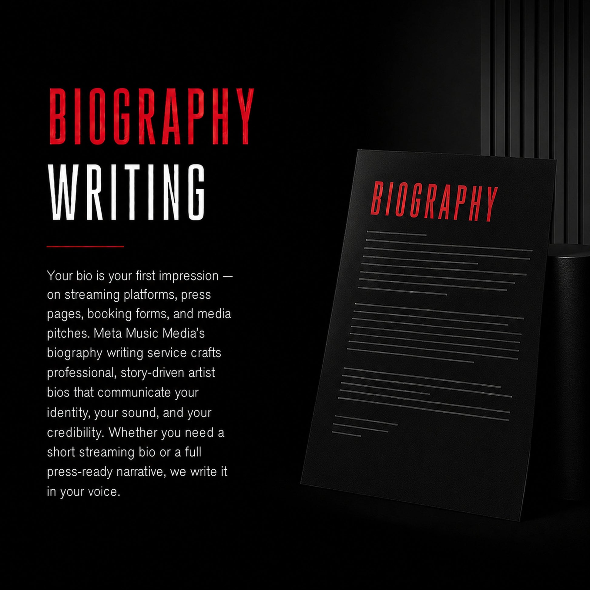 Biography Writing at M3 Studios. Professional Houston recording studio offering recording, mixing, mastering, beat production, audio post-production, voice over, podcast editing. Serving Spring, The Woodlands, Klein, Tomball, Cypress, Champions. Book online at metamusicmedia.com. M3 Studios, a brand of Meta Music Media Inc.