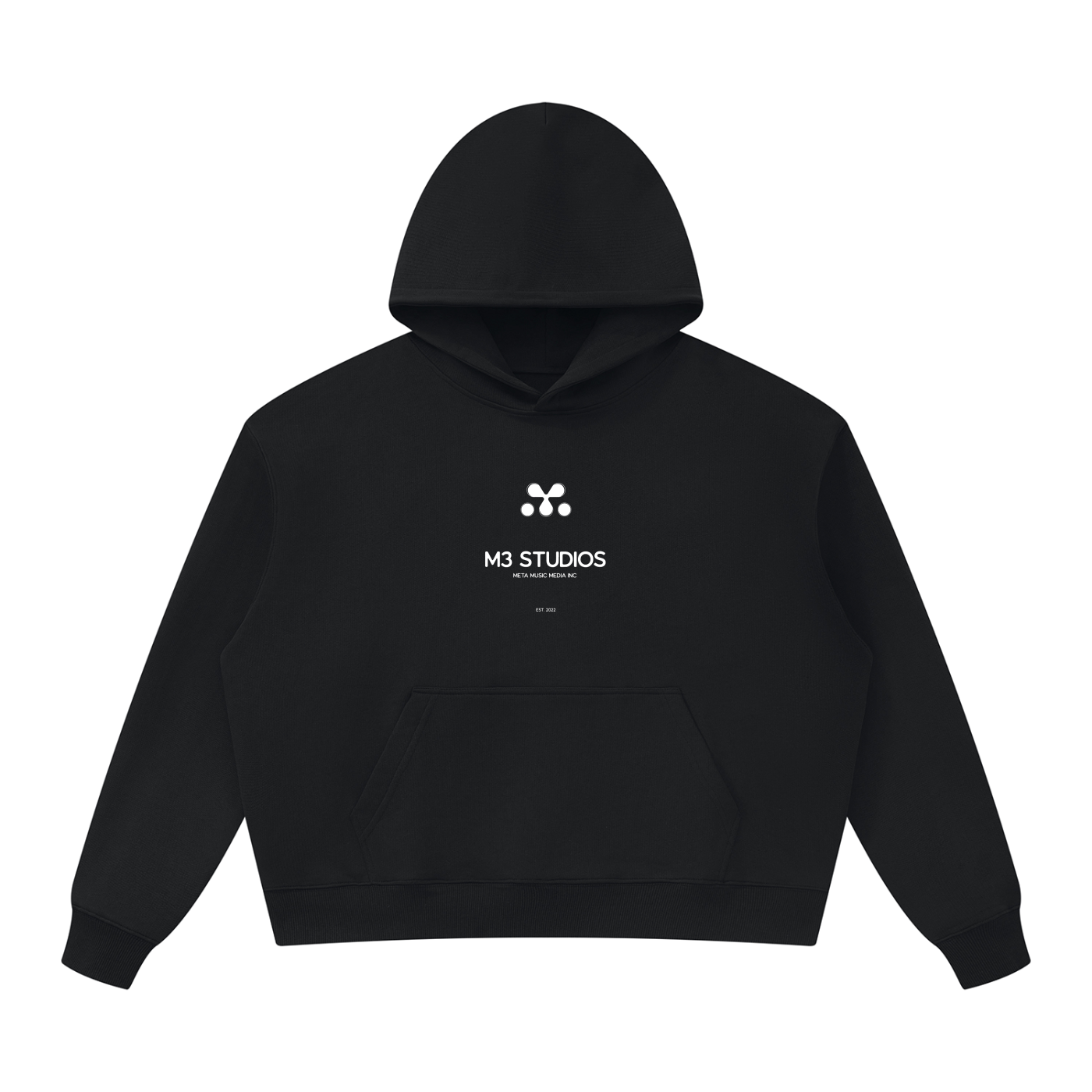 M3 Studios Black Hoodie Vol.I, front view, 2026 streetwear collection, Houston streetwear from a creative studio near Spring TX