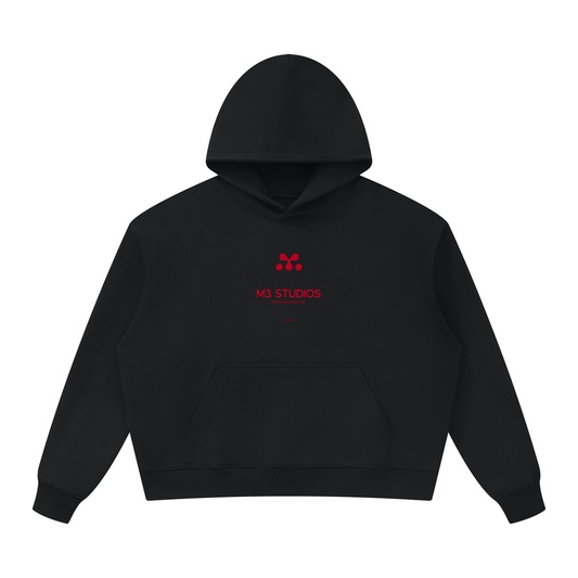 M3 Studios Black Hoodie Vol.II, front view, 2026 streetwear collection, Houston streetwear from a creative studio near Spring TX