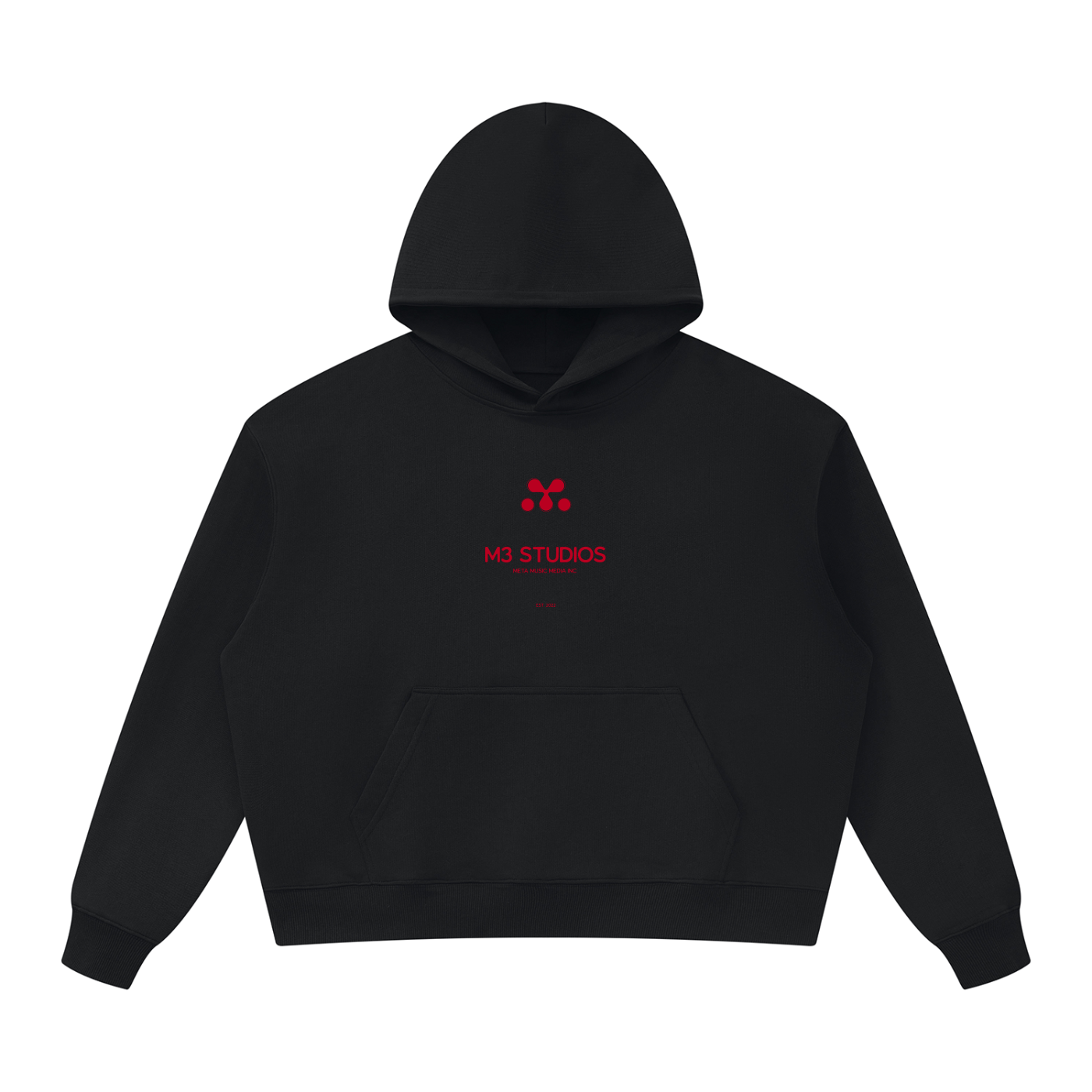 M3 Studios Black Hoodie Vol.II, front view, 2026 streetwear collection, Houston streetwear from a creative studio near Spring TX