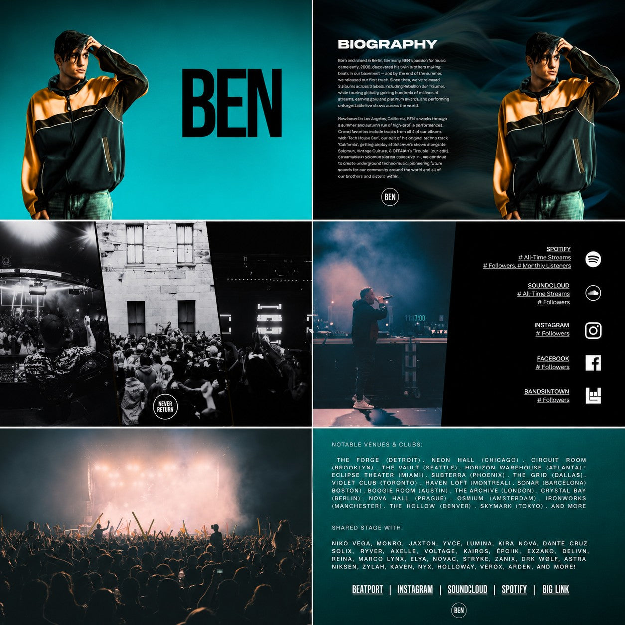 M3 Studios EPK design example: artist biography spread with live performance photography and streaming links. Custom EPK design online.