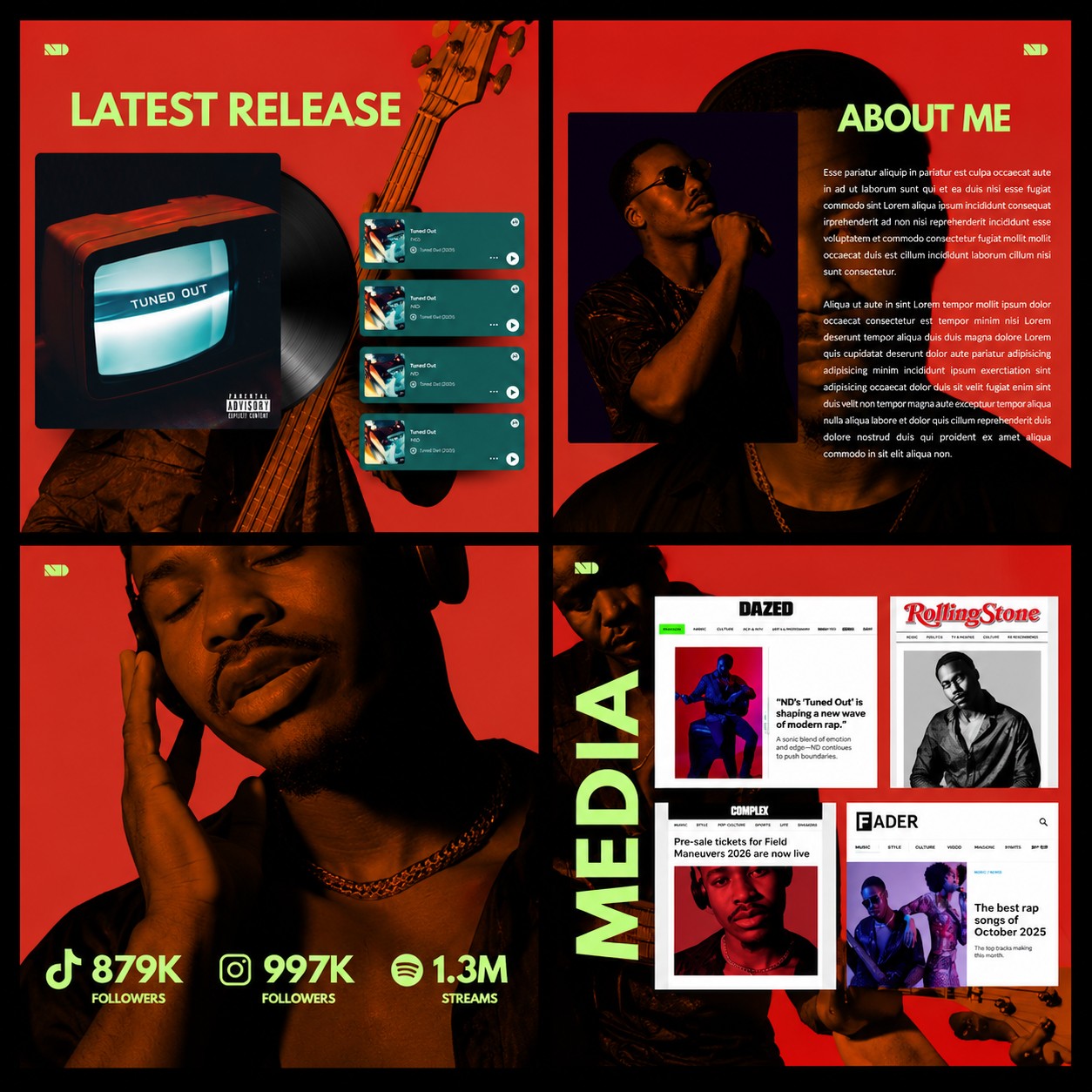 M3 Studios EPK design example: artist press spread with latest release, about section, and media features. Custom EPK design, Spring TX serving Houston.