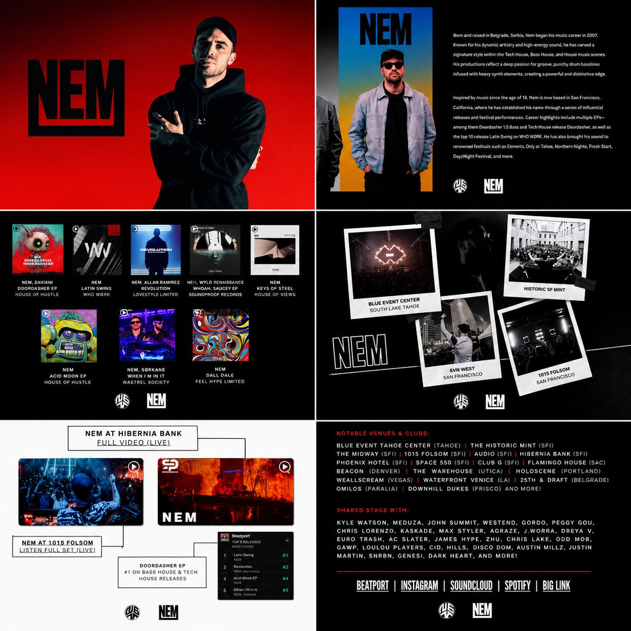M3 Studios EPK design example: artist discography and venue history spread in red and black. Electronic press kit design, Spring TX serving Houston.