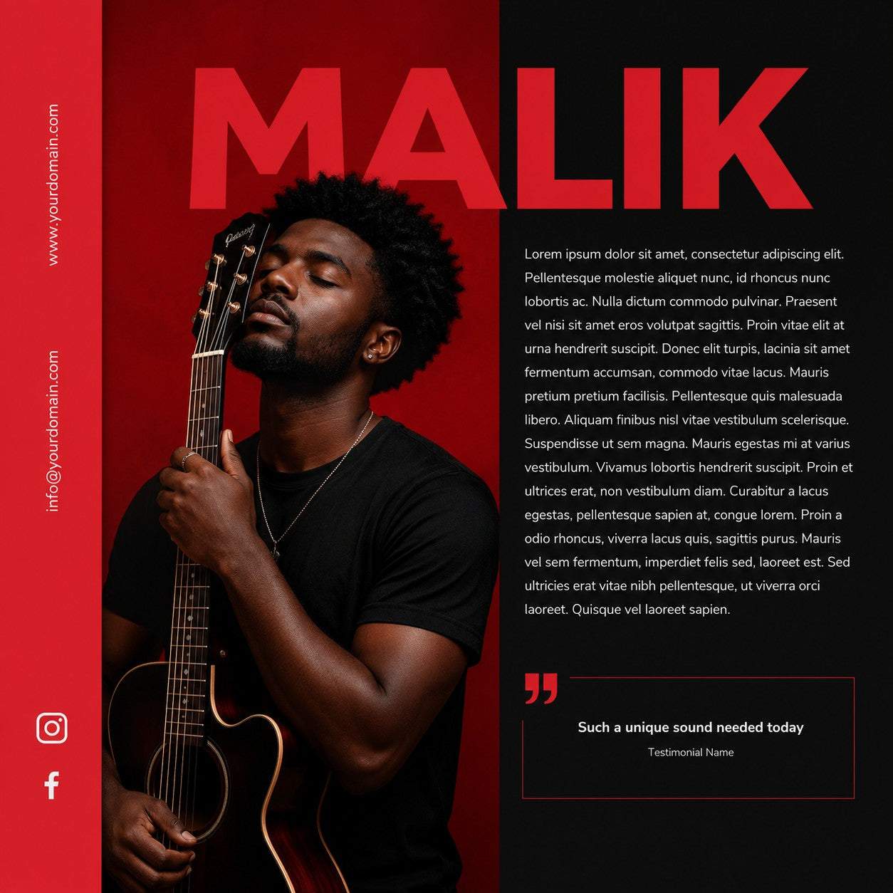 M3 Studios EPK design example: one-page artist press kit with portrait, biography, and testimonial. Custom EPK design online.