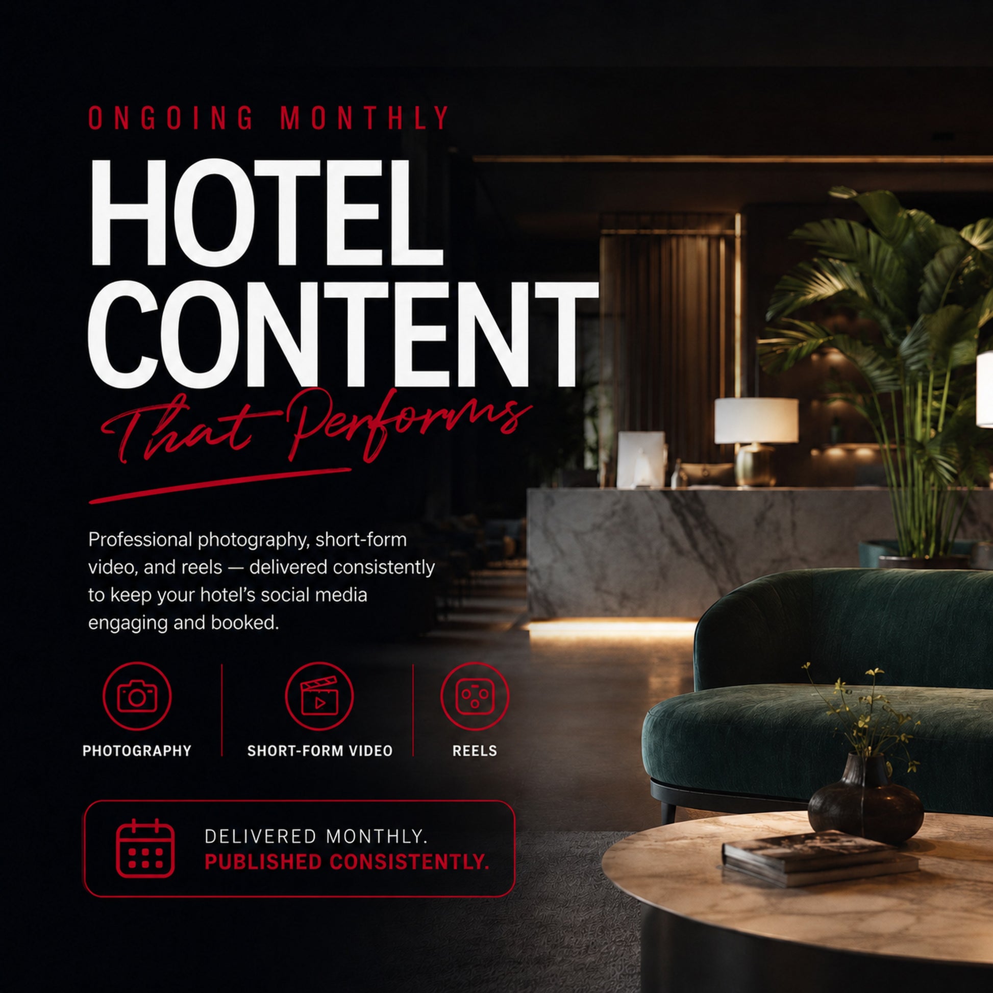 Monthly Hotel Social Content from M3 Studios. Hotel and hospitality content production, video, photography, OTA imagery, monthly social content, pre-opening campaigns, room and suite imagery for hotels, restaurants, and hospitality brands in Houston. Book at metamusicmedia.com. M3 Studios, a brand of Meta Music Media Inc.
