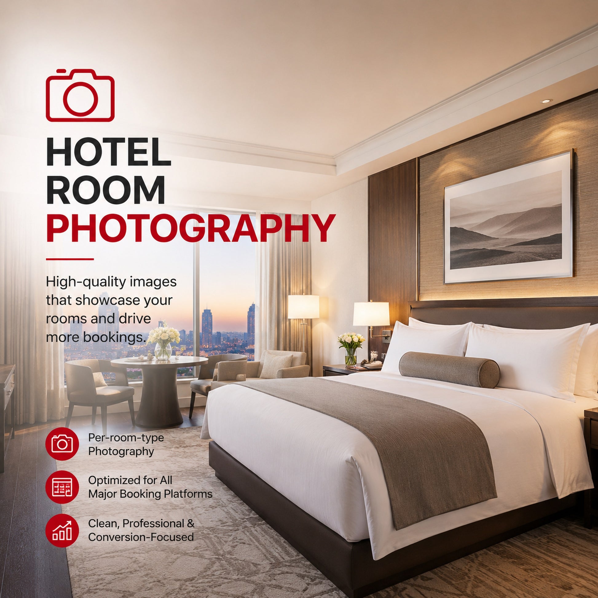 Room & Suite OTA Photography from M3 Studios. Hotel and hospitality content production, video, photography, OTA imagery, monthly social content, pre-opening campaigns, room and suite imagery for hotels, restaurants, and hospitality brands in Houston. Book at metamusicmedia.com. M3 Studios, a brand of Meta Music Media Inc.