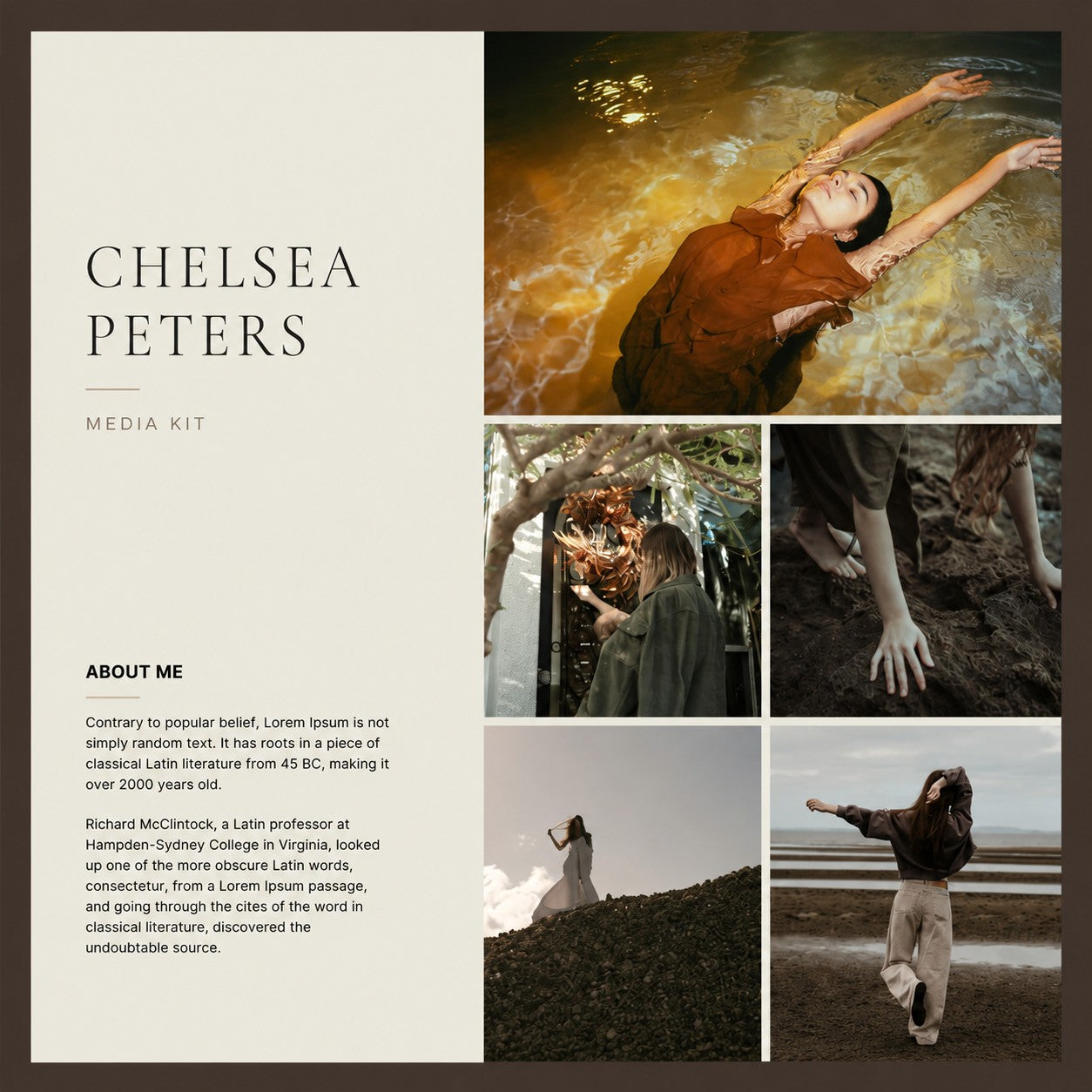 M3 Studios media kit design example: creator about page with photo grid layout. Custom media kit design, Spring TX serving Houston.
