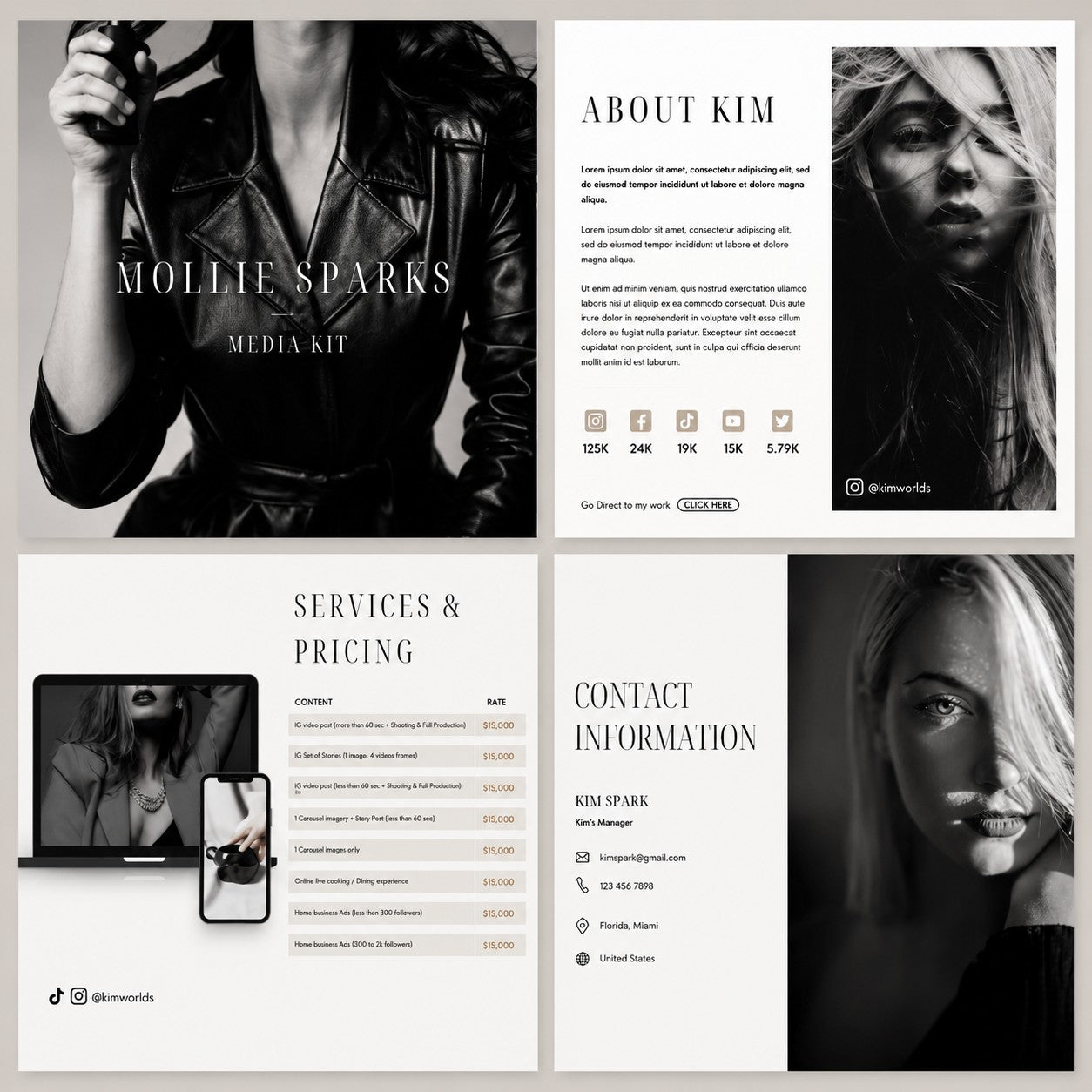 M3 Studios media kit design example: content creator kit with about, services, pricing, and contact pages. Custom media kit design, Spring TX serving Houston.