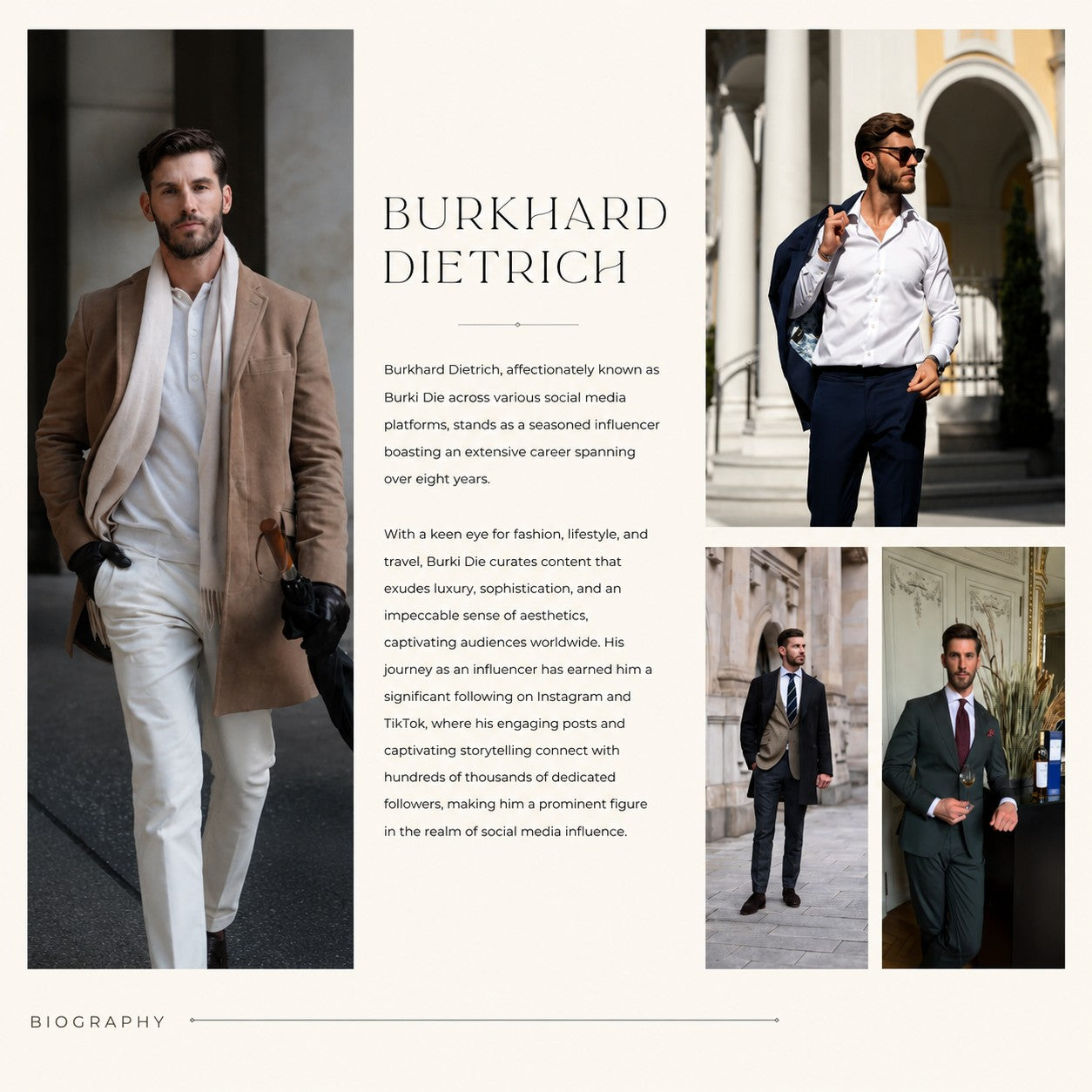 M3 Studios media kit design example: influencer biography page with lifestyle photography. Custom media kit design, Spring TX serving Houston.
