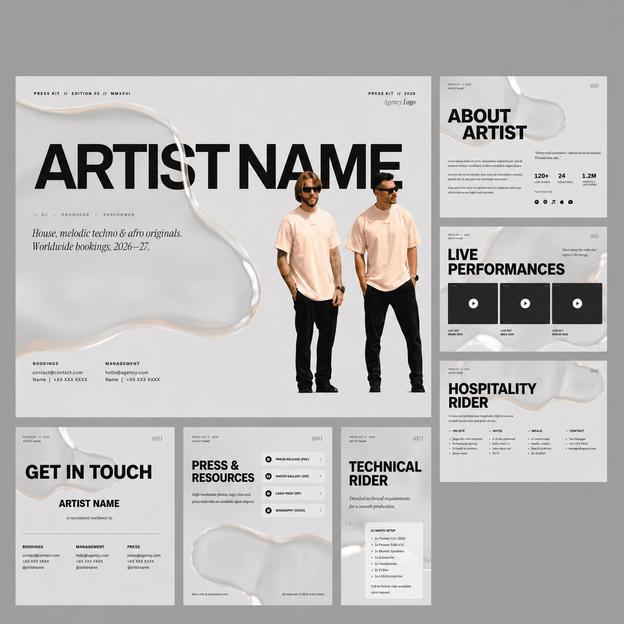 M3 Studios media kit design example: one-page artist layout with performances, press resources, and contact sections. Custom design, Spring TX serving Houston.