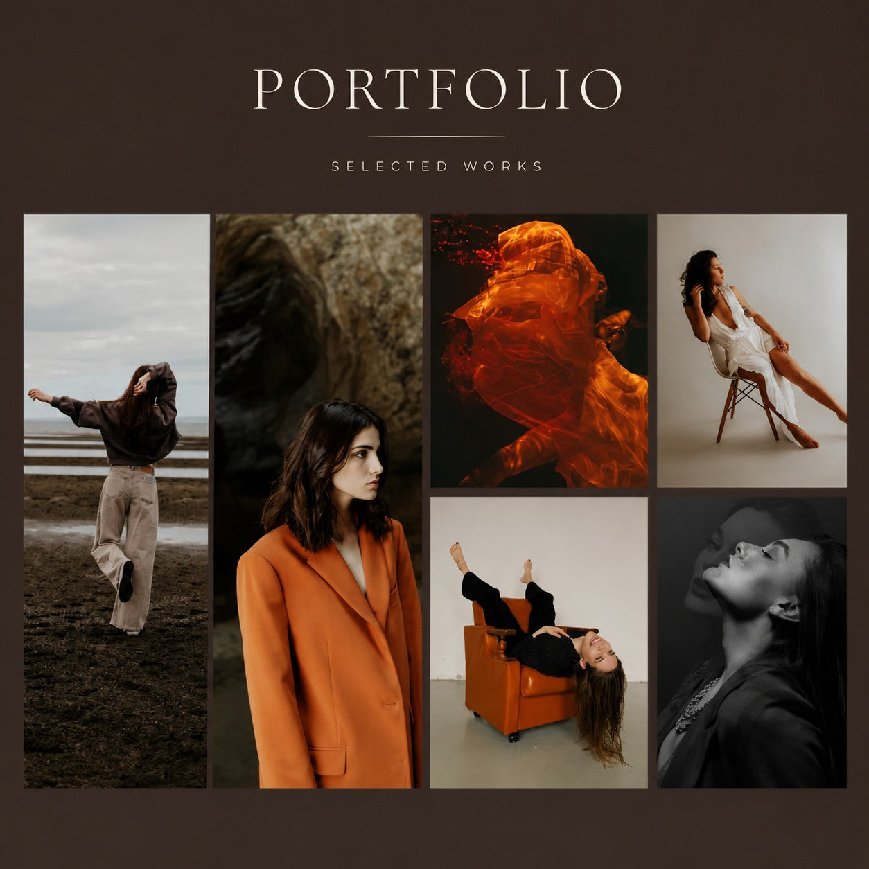 M3 Studios media kit design example: portfolio page with selected works photography grid. Custom media kit design online.