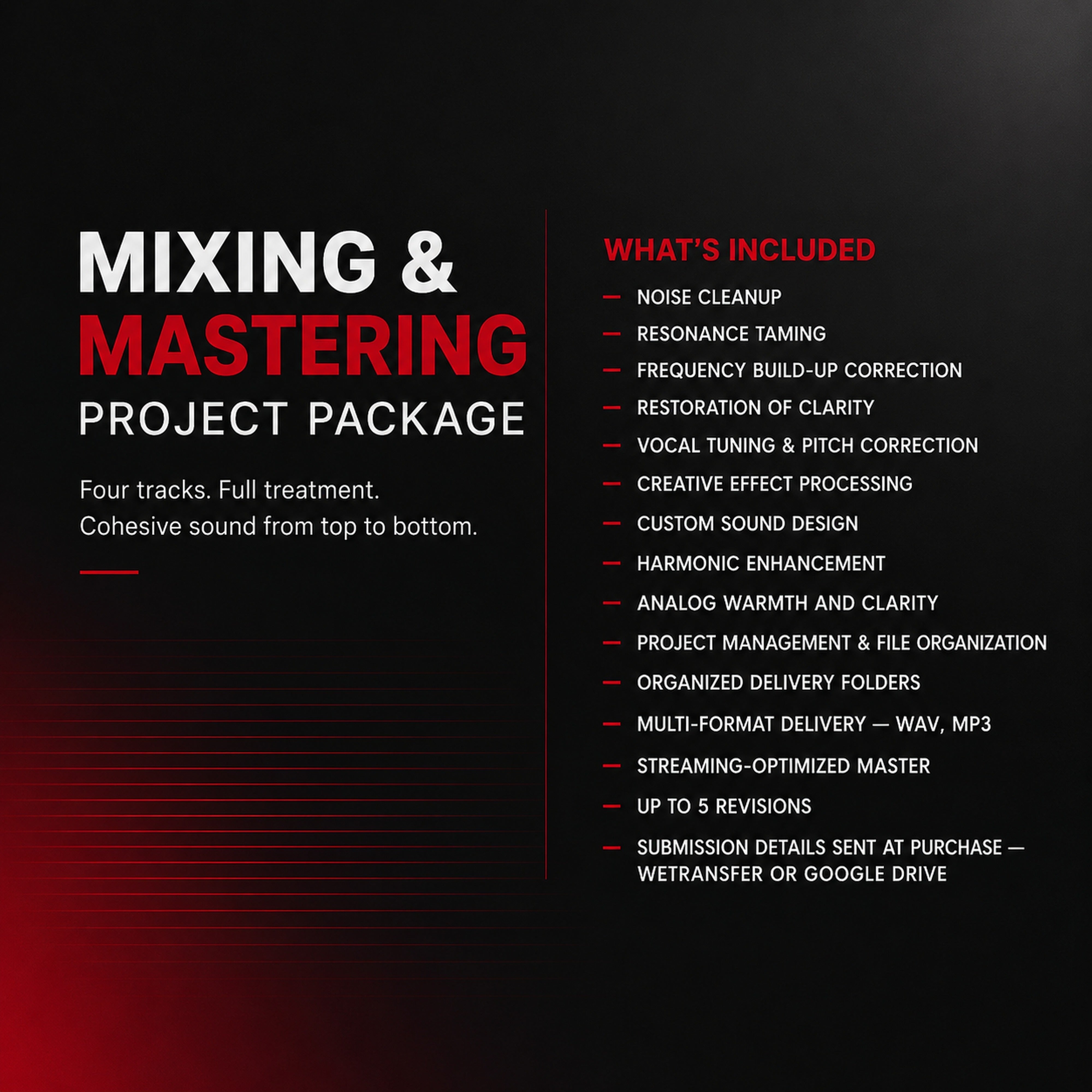 4-Track Mixing and Mastering Package | M3 Studios at M3 Studios. Professional Houston recording studio offering recording, mixing, mastering, beat production, audio post-production, voice over, podcast editing. Serving Spring, The Woodlands, Klein, Tomball, Cypress, Champions. Book online at metamusicmedia.com. M3 Studios, a brand of Meta Music Media Inc.