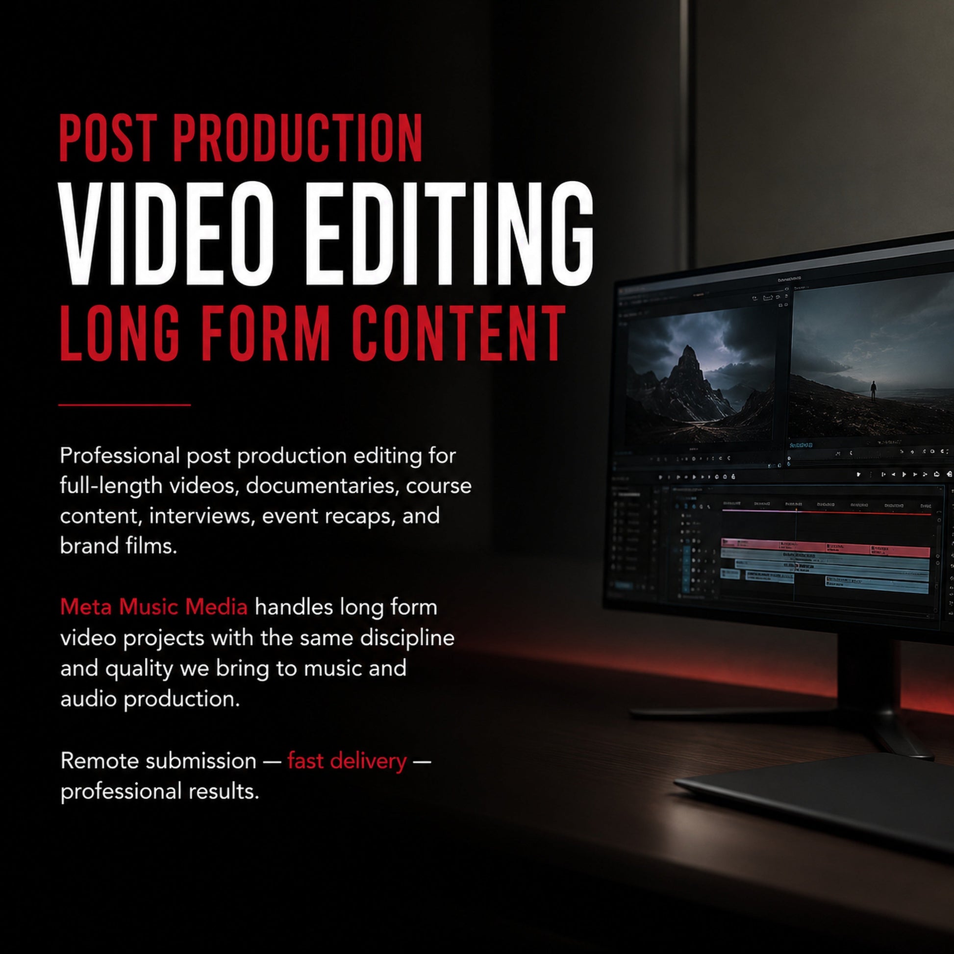 Long Form Video Editing | M3 Studios Near Spring TX at M3 Studios. Professional Houston recording studio offering recording, mixing, mastering, beat production, audio post-production, voice over, podcast editing. Serving Spring, The Woodlands, Klein, Tomball, Cypress, Champions. Book online at metamusicmedia.com. M3 Studios, a brand of Meta Music Media Inc.