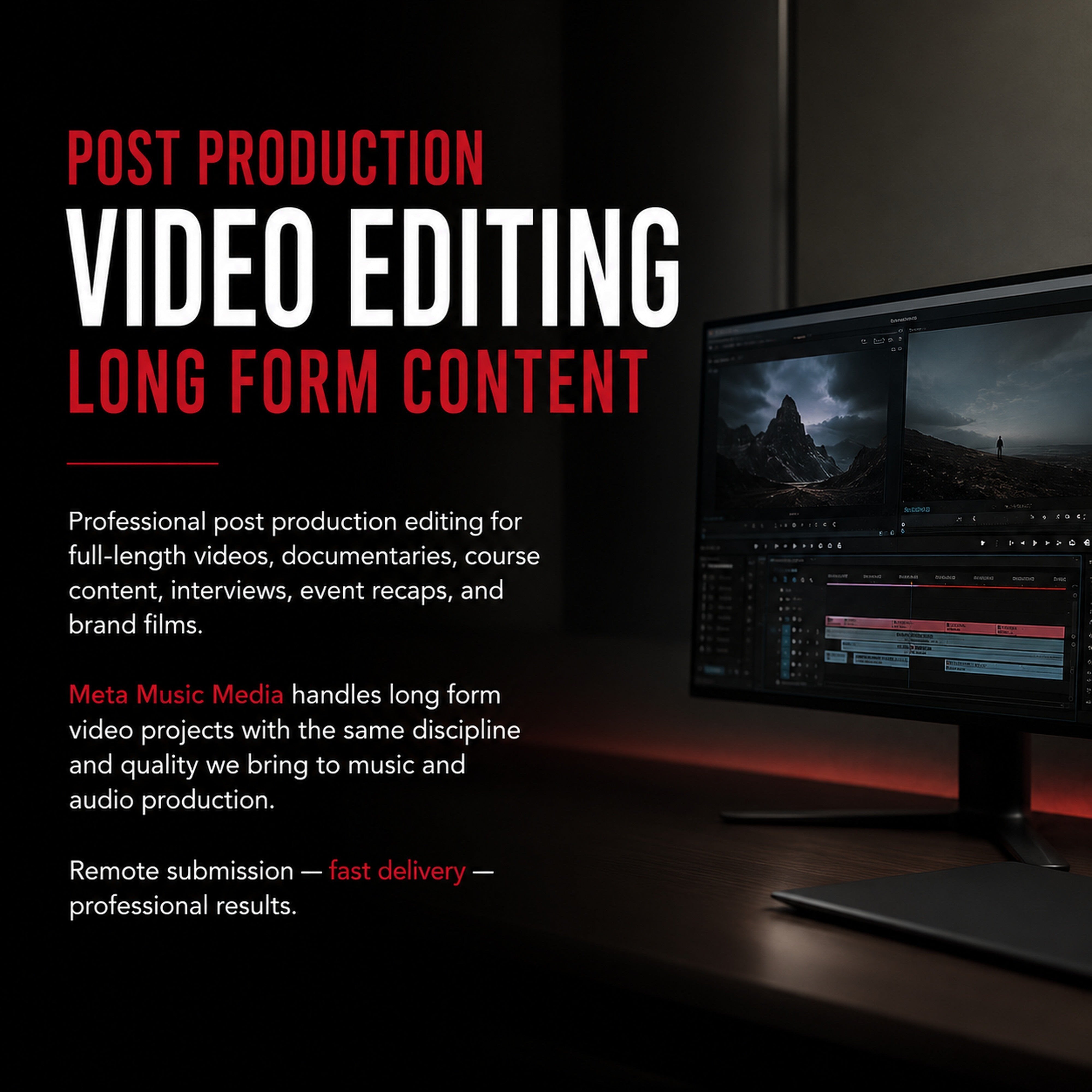 Long Form Video Editing | M3 Studios Near Spring TX at M3 Studios. Professional Houston recording studio offering recording, mixing, mastering, beat production, audio post-production, voice over, podcast editing. Serving Spring, The Woodlands, Klein, Tomball, Cypress, Champions. Book online at metamusicmedia.com. M3 Studios, a brand of Meta Music Media Inc.