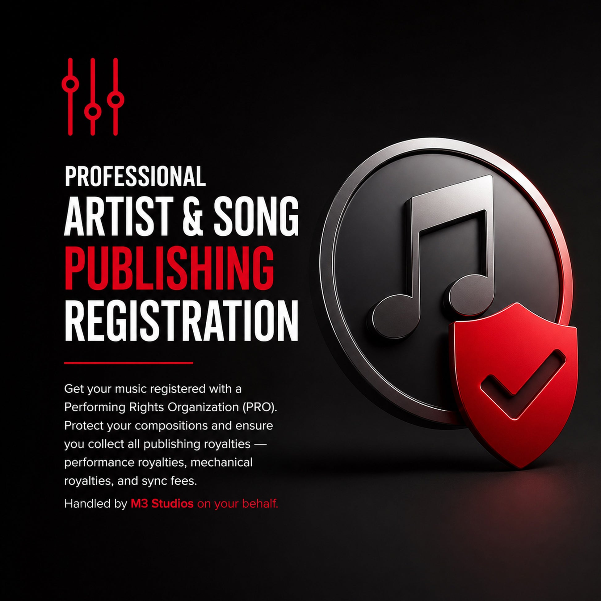 Publishing Registration at M3 Studios. Professional Houston recording studio offering recording, mixing, mastering, beat production, audio post-production, voice over, podcast editing. Serving Spring, The Woodlands, Klein, Tomball, Cypress, Champions. Book online at metamusicmedia.com. M3 Studios, a brand of Meta Music Media Inc.