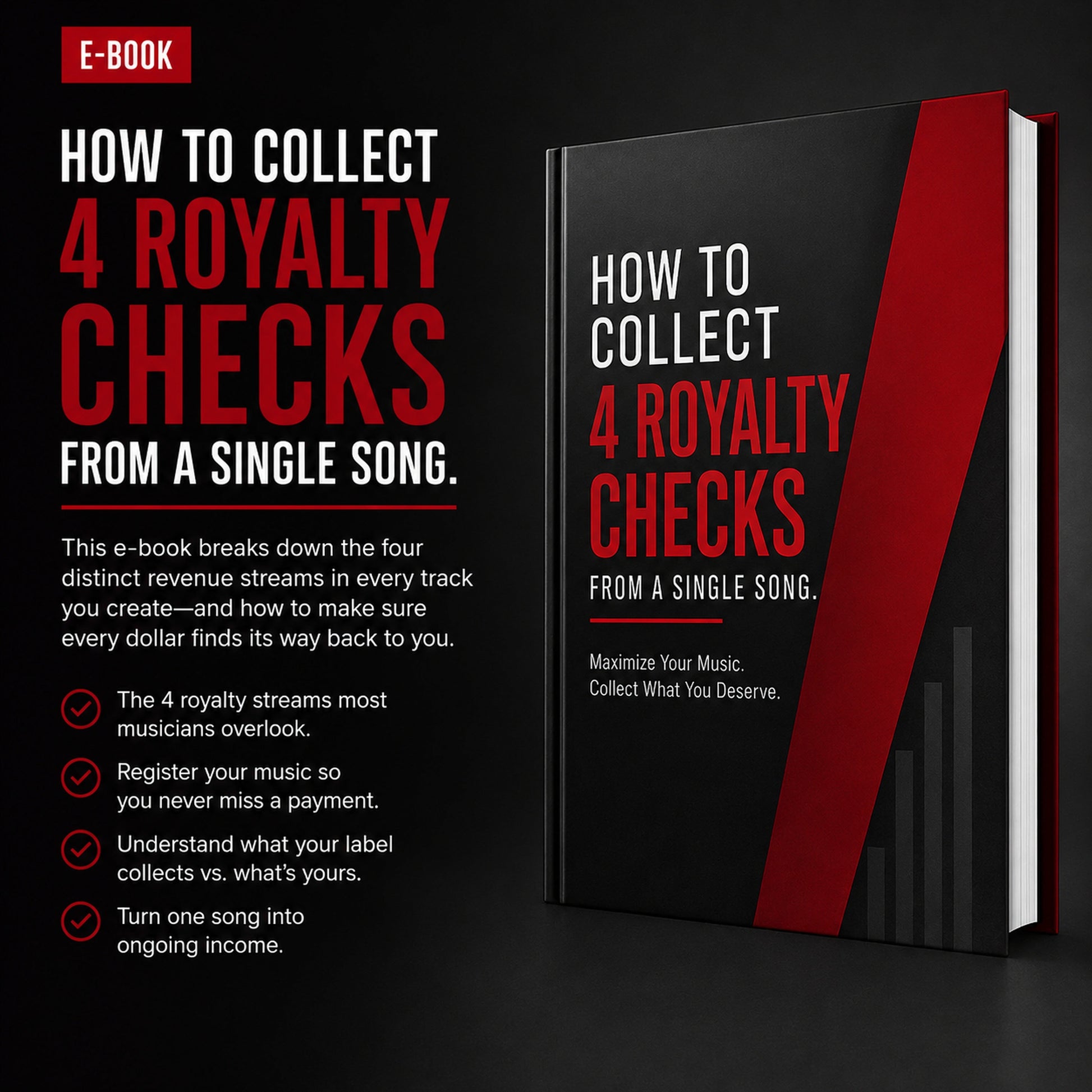 How to Collect 4 Royalty Checks from a Single Song. Creator education ebook from M3 Studios in Spring TX Houston. Music royalty, publishing, sync, distribution, monetization, brand deals, affiliate marketing, AI prompts, business strategy playbook. Buy at metamusicmedia.com. M3 Studios, a brand of Meta Music Media Inc.