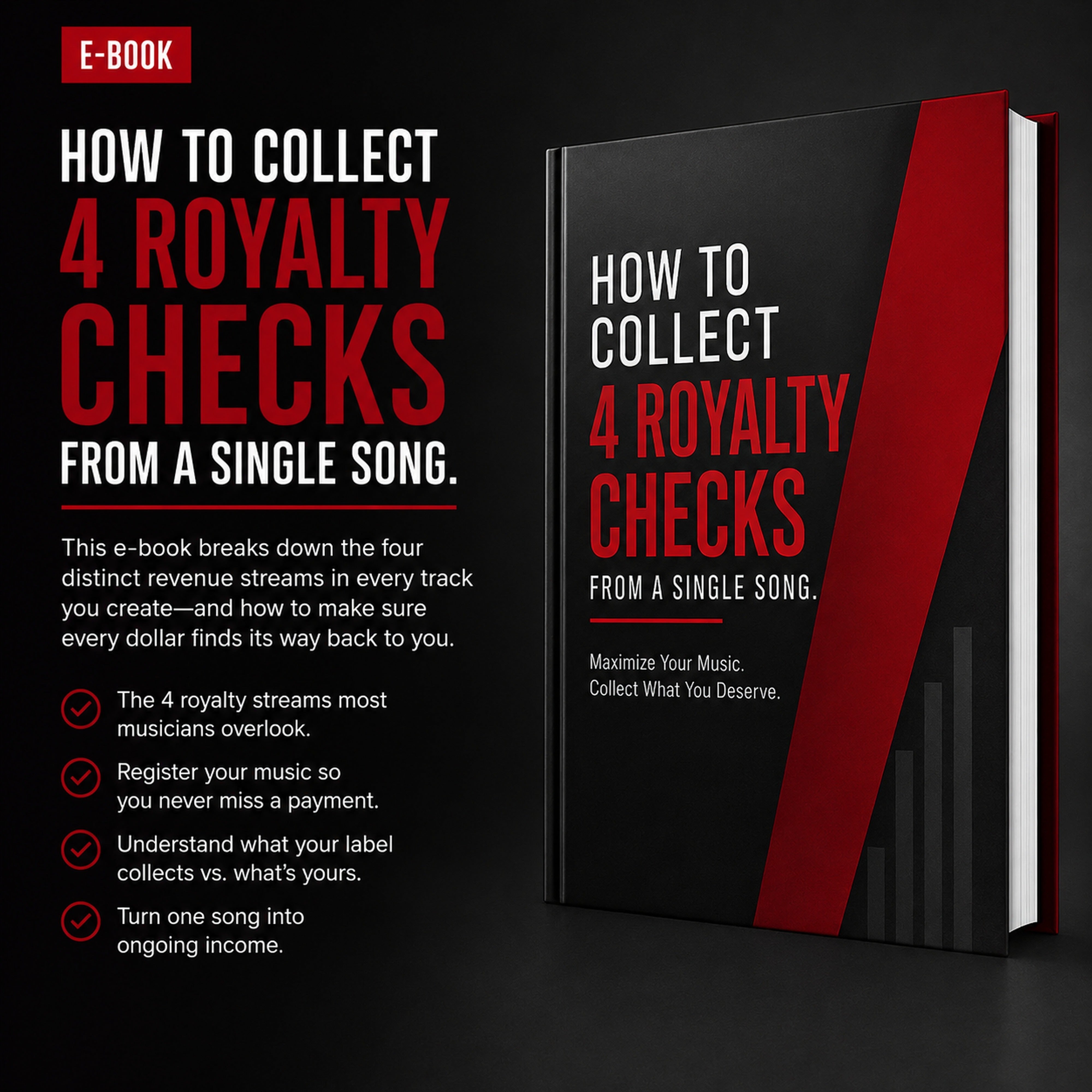 How to Collect 4 Royalty Checks from a Single Song. Creator education ebook from M3 Studios in Spring TX Houston. Music royalty, publishing, sync, distribution, monetization, brand deals, affiliate marketing, AI prompts, business strategy playbook. Buy at metamusicmedia.com. M3 Studios, a brand of Meta Music Media Inc.