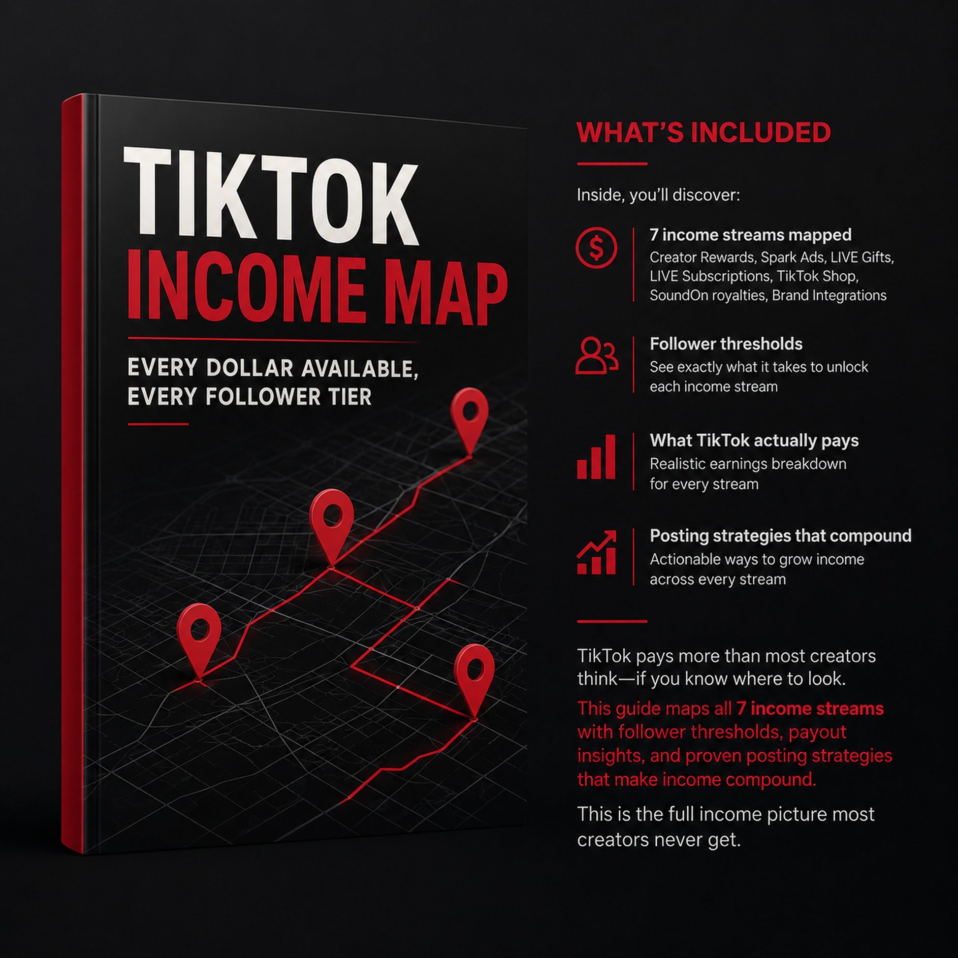 TikTok Income Map: Every Dollar Available, Every Follower Tier. Creator education ebook from M3 Studios in Spring TX Houston. Music royalty, publishing, sync, distribution, monetization, brand deals, affiliate marketing, AI prompts, business strategy playbook. Buy at metamusicmedia.com. M3 Studios, a brand of Meta Music Media Inc.
