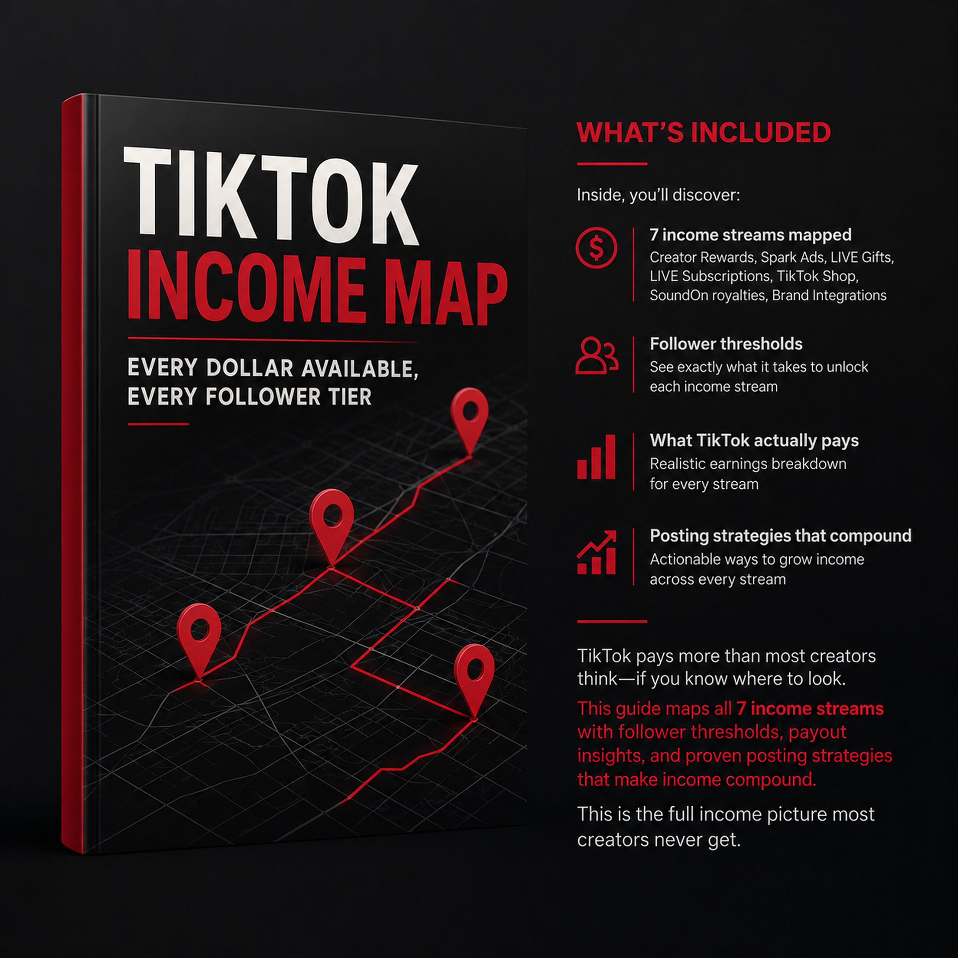 TikTok Income Map: Every Dollar Available, Every Follower Tier. Creator education ebook from M3 Studios in Spring TX Houston. Music royalty, publishing, sync, distribution, monetization, brand deals, affiliate marketing, AI prompts, business strategy playbook. Buy at metamusicmedia.com. M3 Studios, a brand of Meta Music Media Inc.