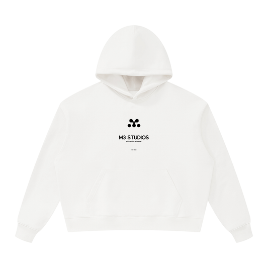 M3 Studios White Hoodie Vol.III, front view, 2026 streetwear collection, Houston streetwear from a creative studio near Spring TX