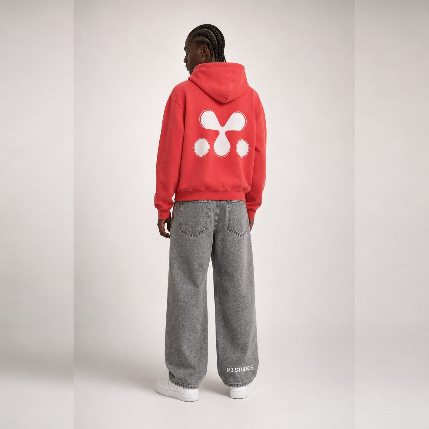 Full-length model shot for the M3 Studios 2026 streetwear collection, apparel from the Spring TX recording and creative studio near Houston